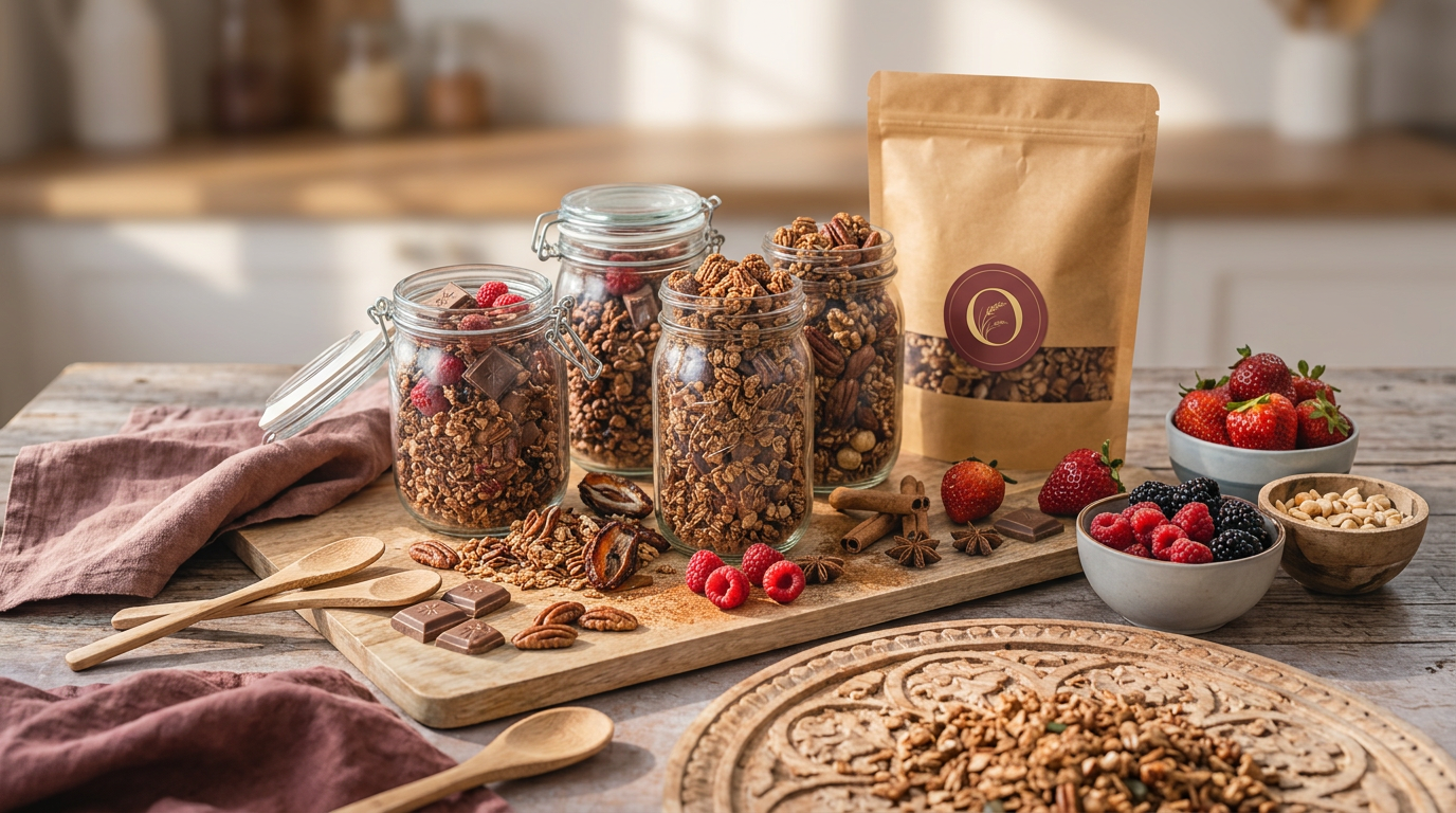 Granola jars and ingredients on a wooden table with a brand logo.
